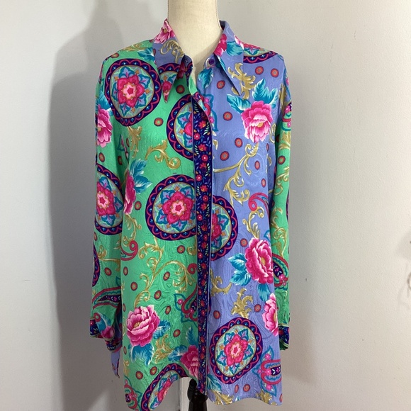 VTG 80'S BOB MACKIE WEARABLE ART XL 100% JACQUARD SILK BLOUSE COLOR-BLOCK FLORAL - Picture 1 of 8